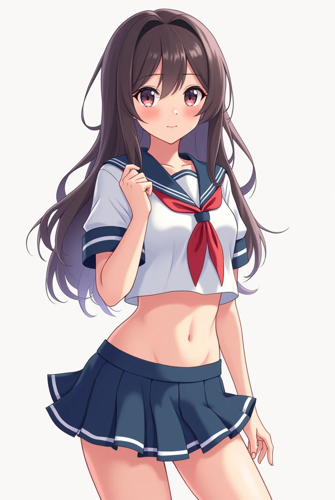super detailed face, Draw the most beautiful eyes, Eyes are the most important, lift up the skirt, show panties, Pants with horizontal stripes, summer clothes, Sweaty sailor suit showing her midriff, knee socks, blush, Confident laughter, Little devilish smile, solid color background