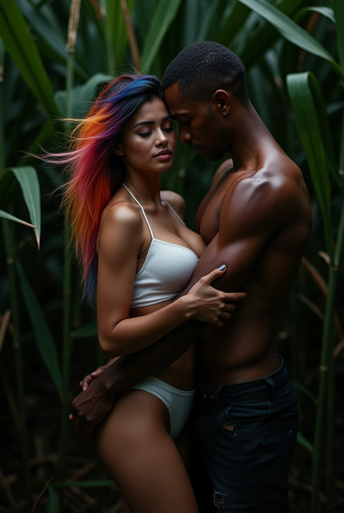 beautiful young indonesian women, rainbow hair, No Good, wearing white halter, oversize breast, being hugged from behind by a muscular and sweaty African man, background in sugarcane field at night.