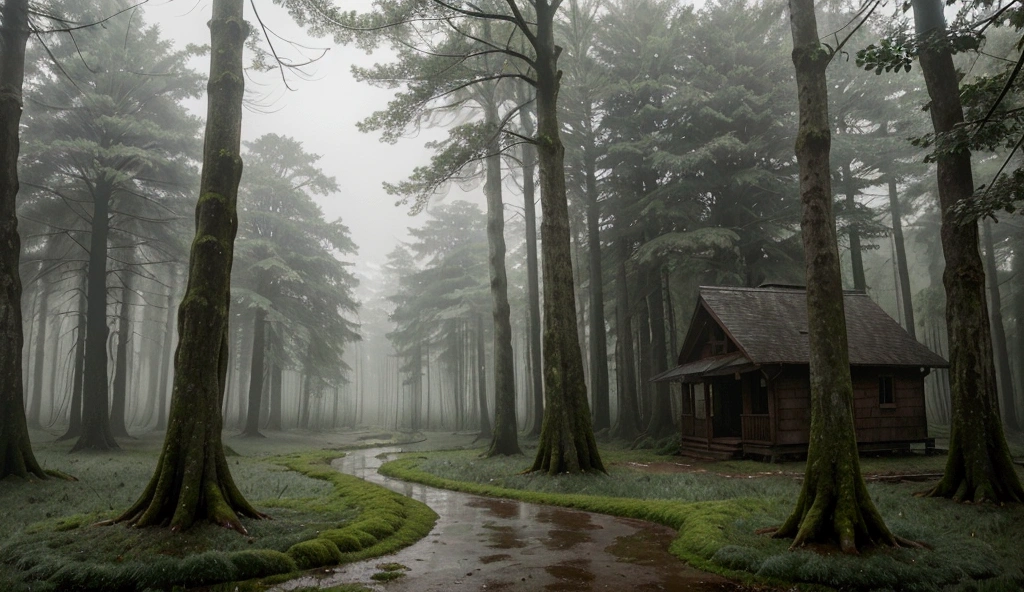 "A dense forest under a rainy, overcast sky. The scene captures the heart of the forest, where tall, ancient trees with thick trunks and lush canopies dominate the landscape. The ground is covered in a mix of wet leaves, moss, and small puddles formed by the steady rain. The air is filled with the sound of raindrops hitting the foliage, creating a serene, immersive atmosphere. The light is dim, filtered through the thick clouds above, casting a muted, greenish hue over the surroundings. In the distance, a faint mist hangs low between the trees, adding a mysterious and tranquil feel to the scene. The overall mood is calm, peaceful, and deeply connected to nature."