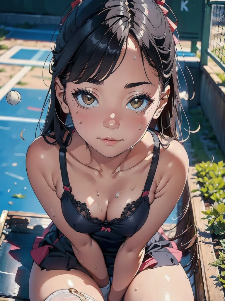(8k, RAW Photos, Highest quality, masterpiece: 1.2), (Realistic: 1.37), Detailed Texture,cute face of woman, Soft Face, cute tennis wear, A woman in incredibly cute lingerie poses for a photo、solo、Sweat、、Sitting on a bench