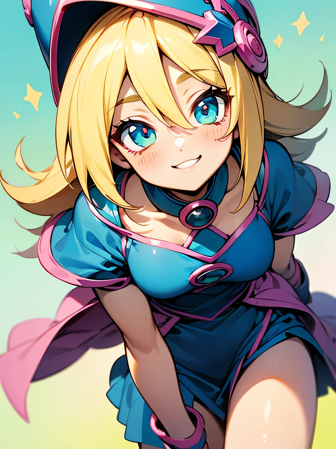 (leaning forward),close up face,solo,16years old,Dark Magician Girl,Black Magician Girl,(cute smile),cheek、Blonde Hair Color、slim,(I am the star)、Model Pose,Pastel color cute world、(pastel color, white ,pink,Blue,yellow),Correct Anatomy、good hand,animation,illustration,Best image quality,masterpiece