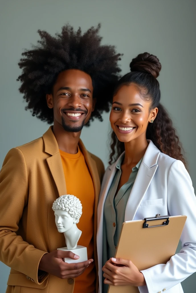 In the foreground, depict a smiling Brazilian male and female psychologist, both Afro-descendant, without any background. The male psychologist holds a clipboard, and the female psychologist holds a symbol or tool related to psychology, such as a small statue representing the mind. They stand confidently, exuding warmth and trustworthiness. The overall color palette includes natural tones, with professional yet approachable attire. The focus is entirely on the two psychologists, emphasizing their professionalism and friendly demeanor.