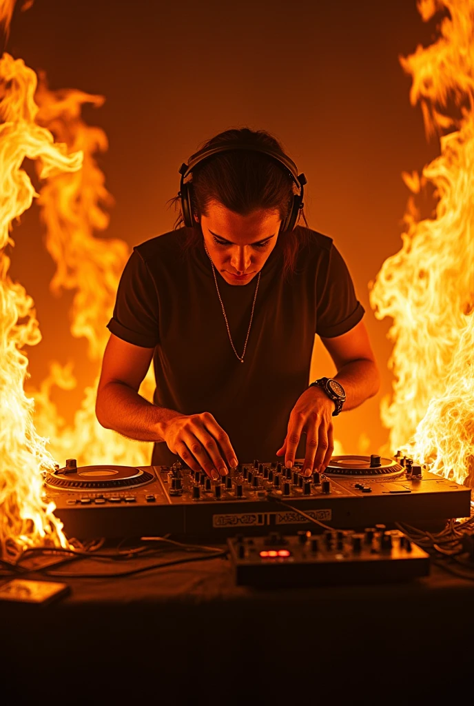 Dj mixing on a turntable burning in flames