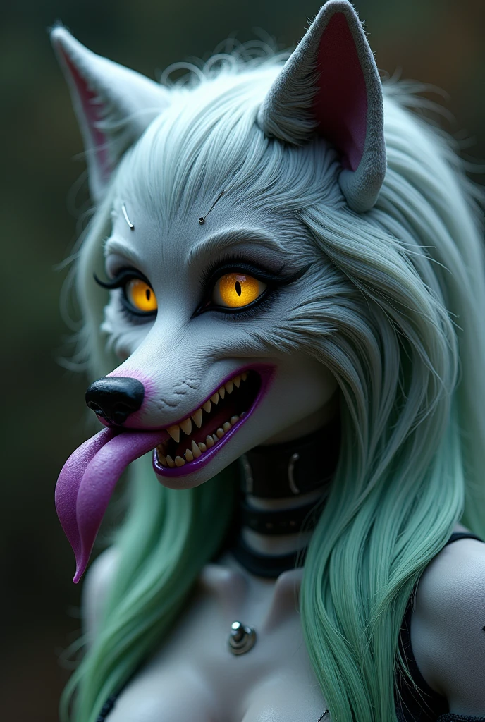 ro_xy, 1girl, animatronic wolf, gray skin, bright yellow eyes, purple lipstick, long and silver hair with green streak, piercing in the ears, tongue out, saliva on tongue, drool