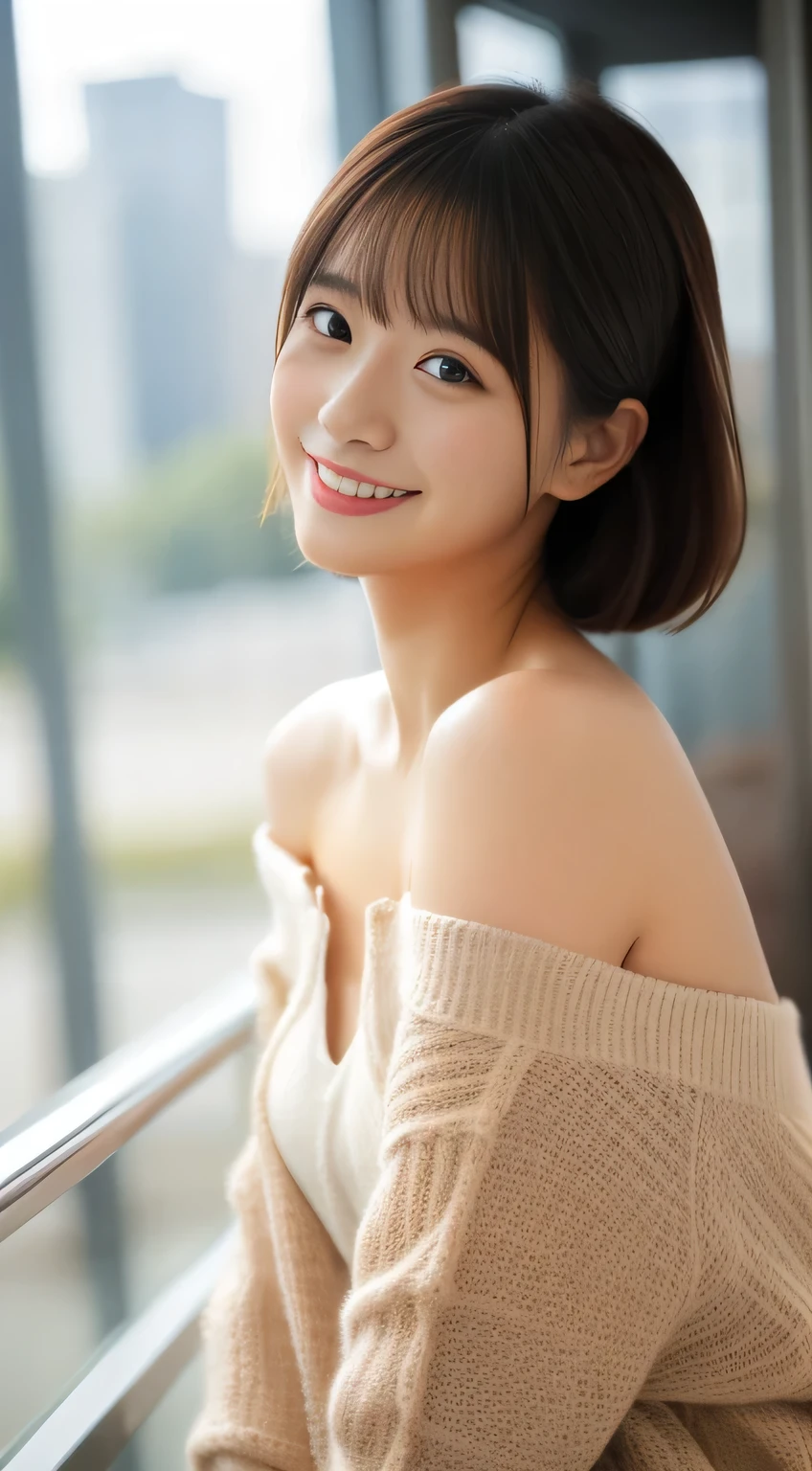 masterpiece,best quality,(Japanese girl),((Beautiful girl)),cleavage,(off shoulder:1.2),(perfect body beauty:1.2),(shy smile),From slightly above,