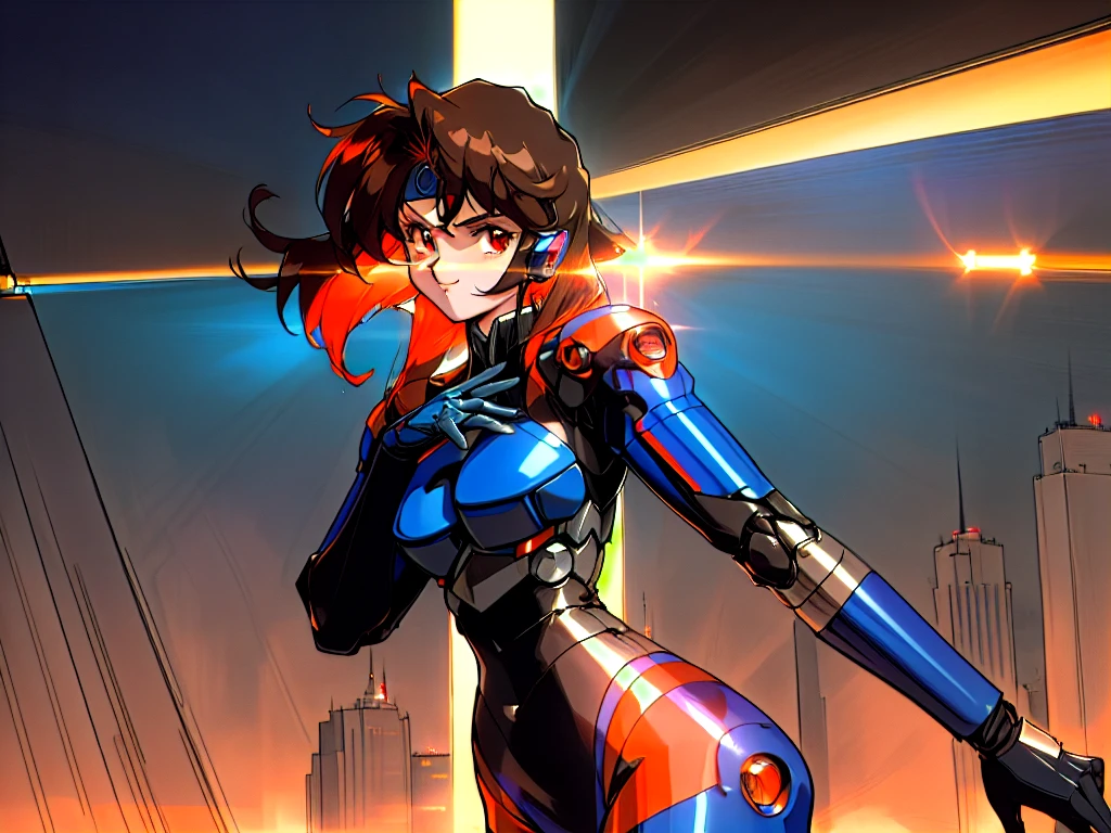 Kenichi Sonoda, retro art-style, 90s Japanese Anime Style, "bubblegum crisis", Sci-fi, Cyberpunk, Neon, (Amid the neon-soaked skyline of towering skyscrapers in mega Tokyo, 20-year-old anime beauty Priss stands alone on a gleaming skyscraper spire, bathed in the dazzling glow of the full moon. Her striking features are accentuated by a dark blue metal hard suit adorned with vibrant orange lines inspired by Syd Mead's industrial machine designs. Her brown medium-length hair frames her piercing gaze while she flashes a confident smile at the viewer. With fearless determination etched on her face, Priss is imposing and her entire presence exudes an aura of cool, stylish elegance. The smooth curves of her shadow, backlit by the moon, create a captivating silhouette, showcasing her unparalleled charm. (She takes off her uncomfortable full-face headset and lets her hair flow freely in the cool night breeze.), A beauty under the watchful eye of the city's towering skyscrapers.), 1girl, solo, The main character, "Priss", 20yo, anime beauty, Cool beauty, Unparalleled beauty, Brown medium length hair, forehead, red eyes, Cold and sharp eyes, harsh brushstrokes, dramatic lighting, A dark blue metal hard suit with orange lines has a sophisticated design, fearless look, an expression of ridicule, smile, Standing alone in the backlight, she looks cool and stylish, Standing, looking at viewer, Extreme close-up photography of upper body, from below, Depth of field, character focus, (masterpiece, Award-winning work, extreme quality, ultra high definition, all intricate, overall detailed, very aesthetic, boast pompously, focus on entire screen, asymmetrical, raytraced, caustics, textile shading, incredibly absurd resolution, absolutely resolution, ultra high resolution, professional, vivid colors, 16k, perfect anatomy, ideal facial features, Beautifully detailed face, Beautifully detailed eyes, ideally proportioned figure, perfectly beautiful body),
