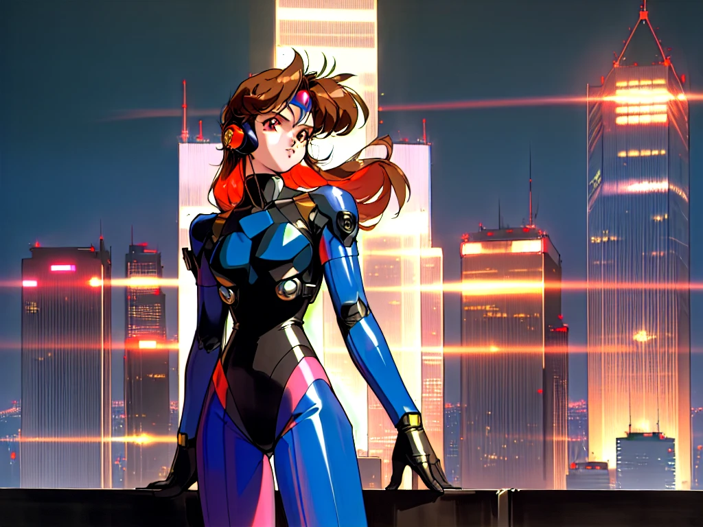 Kenichi Sonoda, retro art-style, 90s Japanese Anime Style, "bubblegum crisis", Sci-fi, Cyberpunk, Neon, (Amid the neon-soaked skyline of towering skyscrapers in mega Tokyo, 20-year-old anime beauty Priss stands alone on a gleaming skyscraper spire, bathed in the dazzling glow of the full moon. Her striking features are accentuated by a dark blue metal hard suit adorned with vibrant orange lines inspired by Syd Mead's industrial machine designs. Her brown medium-length hair frames her piercing gaze while she flashes a confident smile at the viewer. With fearless determination etched on her face, Priss is imposing and her entire presence exudes an aura of cool, stylish elegance. The smooth curves of her shadow, backlit by the moon, create a captivating silhouette, showcasing her unparalleled charm. (She takes off her uncomfortable full-face headset and lets her hair flow freely in the cool night breeze.), A beauty under the watchful eye of the city's towering skyscrapers.), 1girl, solo, The main character, "Priss", 20yo, anime beauty, Cool beauty, Unparalleled beauty, Brown medium length hair, forehead, red eyes, Cold and sharp eyes, harsh brushstrokes, dramatic lighting, A dark blue metal hard suit with orange lines has a sophisticated design, fearless look, an expression of ridicule, smile, Standing alone in the backlight, she looks cool and stylish, Standing, looking at viewer, Extreme close-up photography of upper body, from below, Depth of field, character focus, (masterpiece, Award-winning work, extreme quality, ultra high definition, all intricate, overall detailed, very aesthetic, boast pompously, focus on entire screen, asymmetrical, raytraced, caustics, textile shading, incredibly absurd resolution, absolutely resolution, ultra high resolution, professional, vivid colors, 16k, perfect anatomy, ideal facial features, Beautifully detailed face, Beautifully detailed eyes, ideally proportioned figure, perfectly beautiful body),
