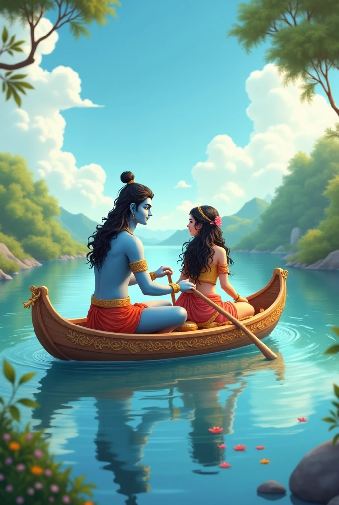 cute shiva parvati sailing on the boat