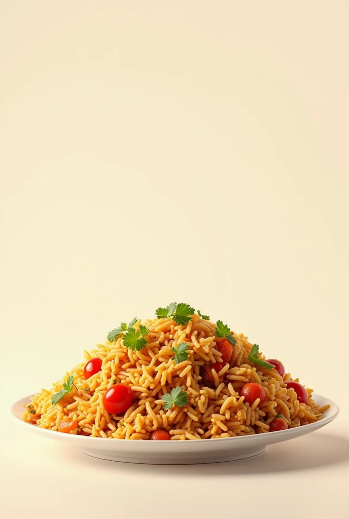 

"Create a large poster with a plain background, featuring a small image of biryani, leaving ample space to add text."
