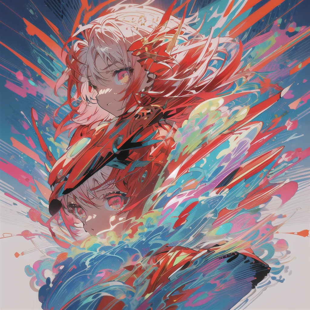 (Midjourney style), (Best illustrative quality 8k) (red suit), head slightly tilted, ((short white hair)), red dress, neon lighting, eye details, face details, background details, medium haul, detailed hands, full body, great detail, perfect legs