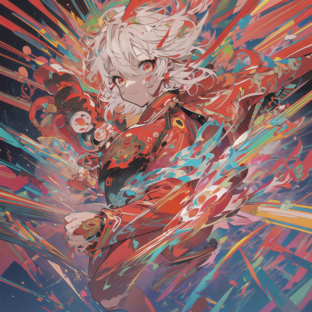 (Midjourney style), (Best illustrative quality 8k) (red suit), head slightly tilted, ((short white hair)), red dress, neon lighting, eye details, face details, background details, medium haul, detailed hands, full body, great detail, perfect legs