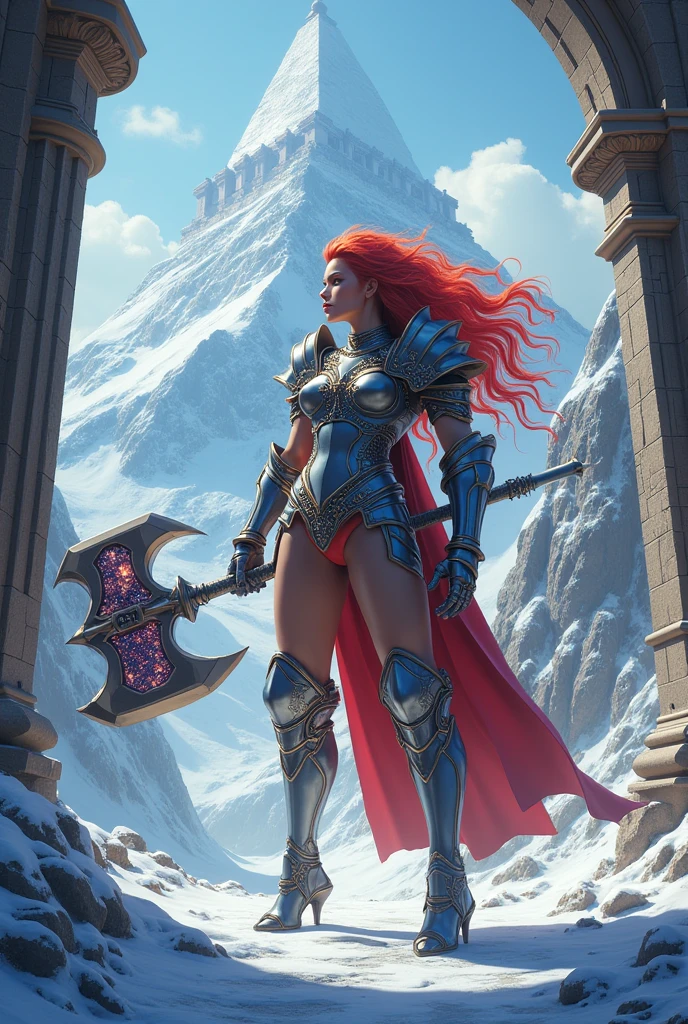 a fantasy art illustration of a female giant knight armed with a ((mighty axe: 1.5)) standing at the temple gates built on snowy mountain, (((she is as tall as the mountain: 1.3))) a wild beautiful, exotic beautiful giant knight, ((anatomically correct: 1.5), (ultra detailed face: 1.2), best detailed face, dynamic hair color, dynamic hair style, armed with a giant axe, shiny axe, its blade reflects the sunlight, studded with gems, wearing metal armor, dynamic armor color, wearing high heeled boots, standing near a fantasy temple, magnificent temple, with a tower, on snowy mountain (((she is as tall as the mountain:1.3))), vibrant, Hyperrealism style, vibrant, Ultra-high resolution, High Contrast, (masterpiece:1.5), highest quality, Best aesthetics), best details, best quality, highres, ultra wide angle, 16k, [ultra detailed], masterpiece, best quality, (extremely detailed) RAW, rpg portrait