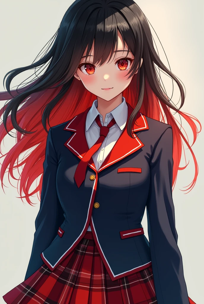 Make a woman of height 1.58 with loose hair in black and red school uniform