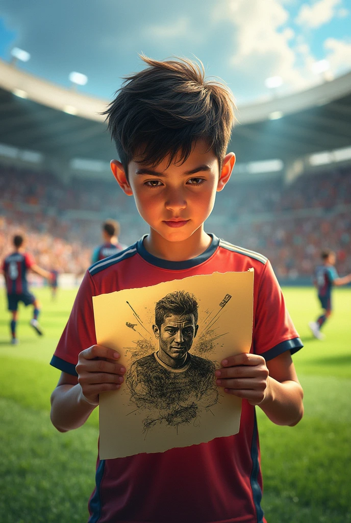 A boy playing football seeing his future in a sketch for tattoo 