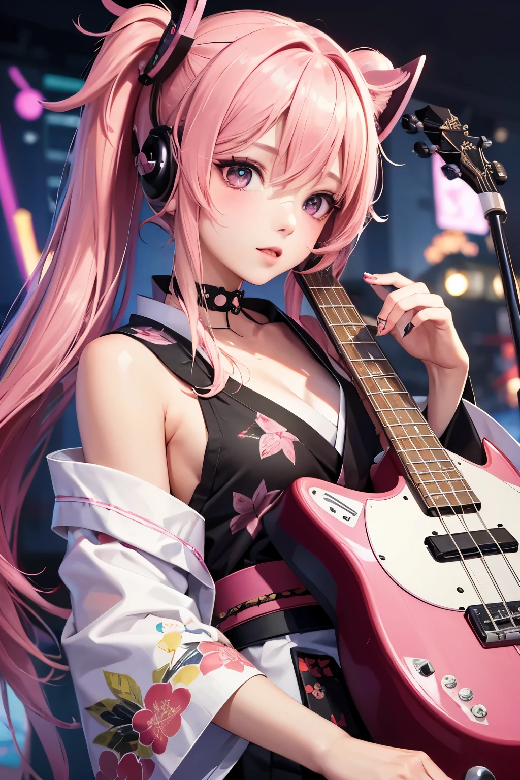 masterpiece, best quality, very detailed, high resolution, expensive resolution, high resolution, 4K, 8k, Unity 8k wallpaper, highly detailed CG, masterpiece, 2D, 3D, beautiful details, depth, fine texture, best quality: 1.3, perfect focus, crispy skin, he,
Very cute anime girl, girl playing baseguitar vocals in a band wearing a Japanese fancy floral haori hakama, on outdoor stage, full body, expensive pink twin tail hair, mole under eye, looking at the viewer, expensive, blush, mole, lips open, , heart choker, pink eyes, guitar vocals, stage,Full body of an anime girl with pink twin-tailed hair wearing a Japanese kimono and playing a bass guitar on stage at a cyberpunk festival