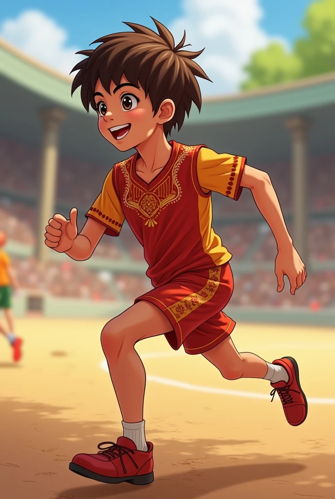 a 13 years old boy fair skin smiling face brown hair brown eyes wearing kabaddi jersey anime