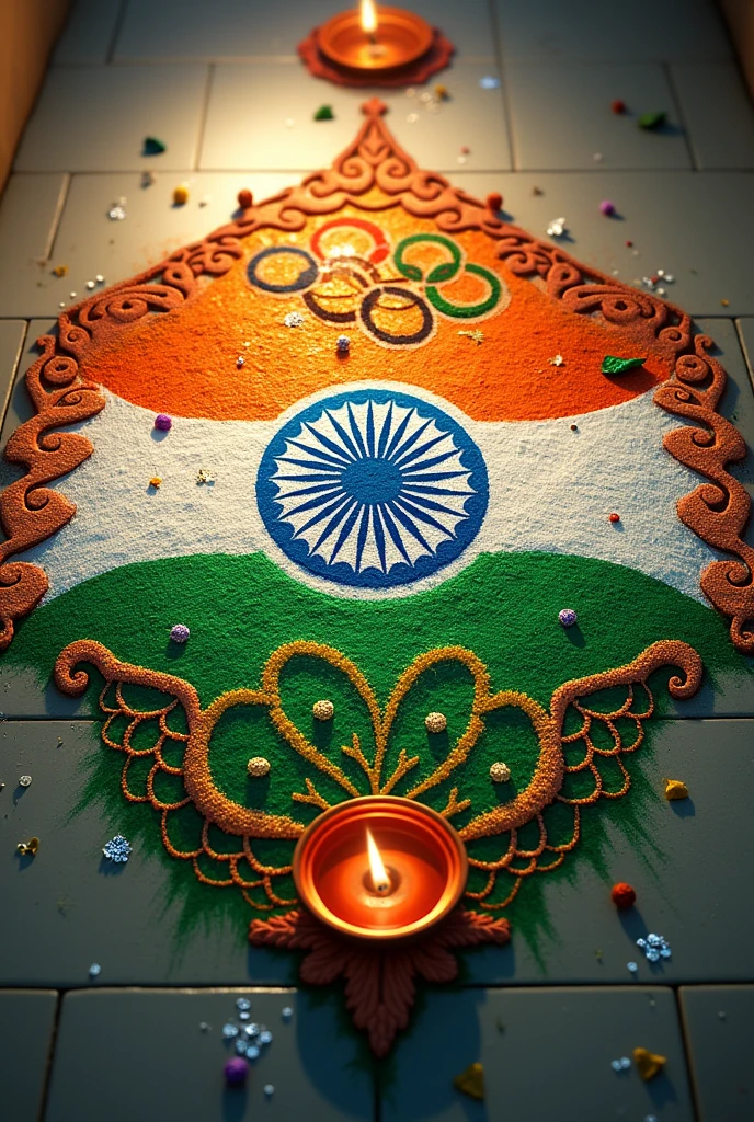 Create rangoli for 15 th August independence day with paris Olympiad