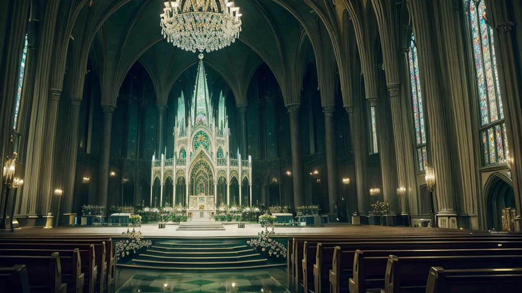 ((masterpiece)),((Highest quality)),((High Detail)),nobody,background, fantasy, Inside the palace, Delicate decoration, crystal, Inside the cathedral, green, Small chandelier