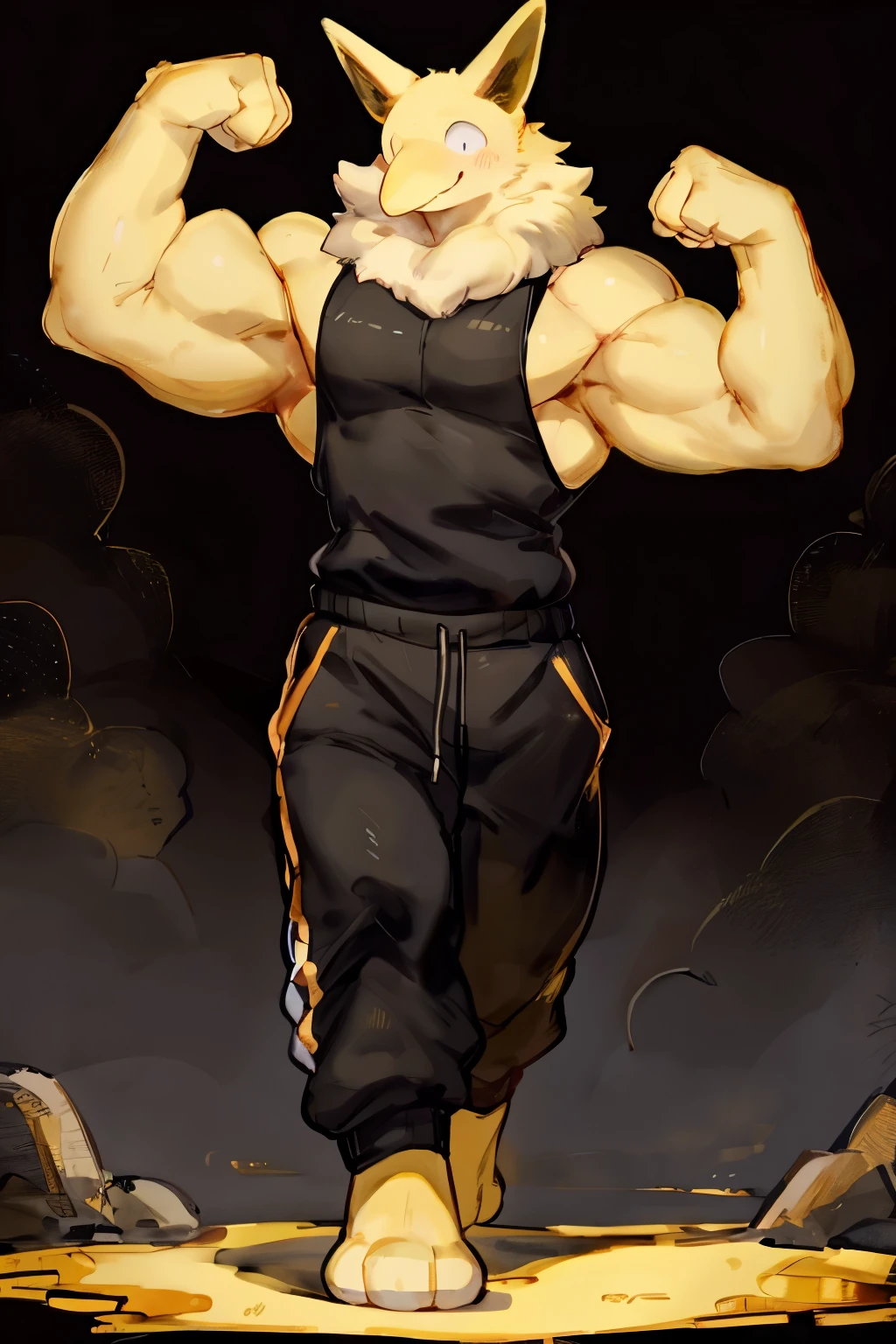 Furry, Anthro, solo, Hypno, Male, (((muscular body, massive male pectorals, yellow skin, fluffy neck, wearing white fur around neck))), ((((massive biceps, wide-eyed, head tilted, walking)))), ((((((massive bulky torso, flexing, happy, wearing black full male tanktop, wearing black sweatpants, barefoot)))))), full body, black/yellow spraypainted background, by buta99, by zackary911, by bebebebebe, (((digital painting)))