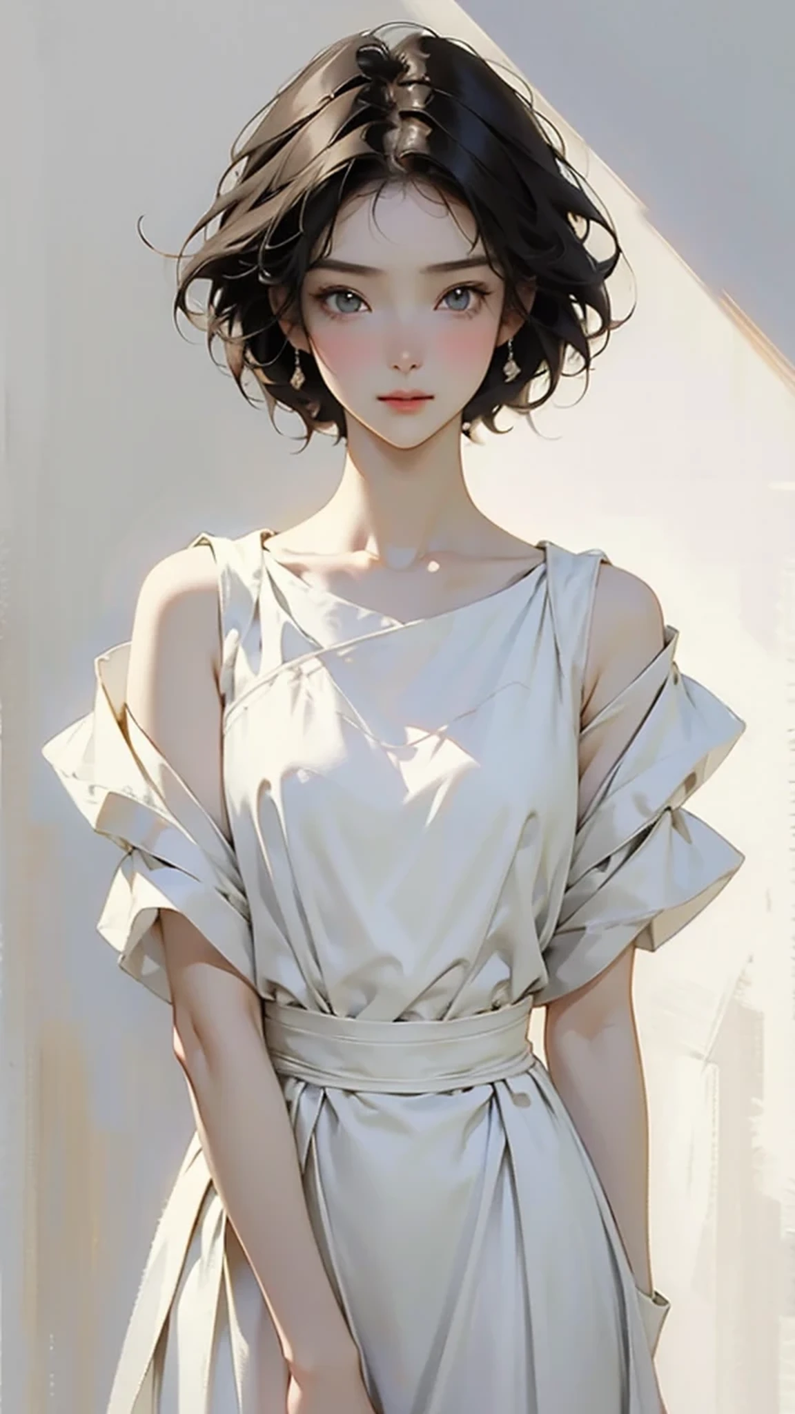 (masterpiece, best quality:1.2), 1 female, Solitary、Pretty Face、Vivid faces、Dark-haired、short hair、Beautiful hairstyle、Beautiful Skin、Natural standing posture、whole body、 A simple white dress、Lohas、Soft Light、Soft Focus、((White background))、((Blank Background))、Blurred Background、