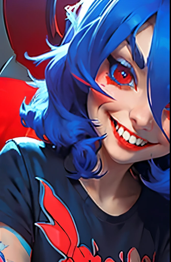 (((remilia scarlet))), (bat wings), (vampire), short hair, (((blue hair))), ((standing)), ((((face close up)))), ((jacket, taut shirt)), evil smile,, 