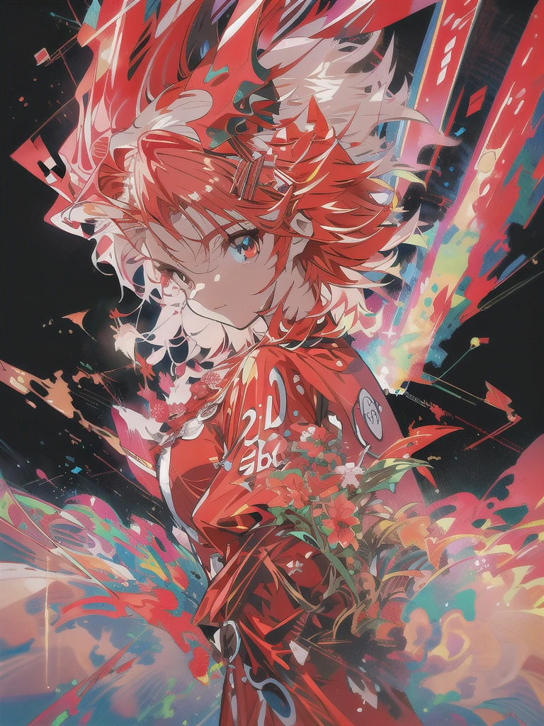 (Midjourney style), (Best illustrative quality 8k) (red suit), head slightly tilted, ((short white hair)), red dress, neon lighting, eye details, face details, background details, medium haul, detailed hands, full body, great detail, perfect legs