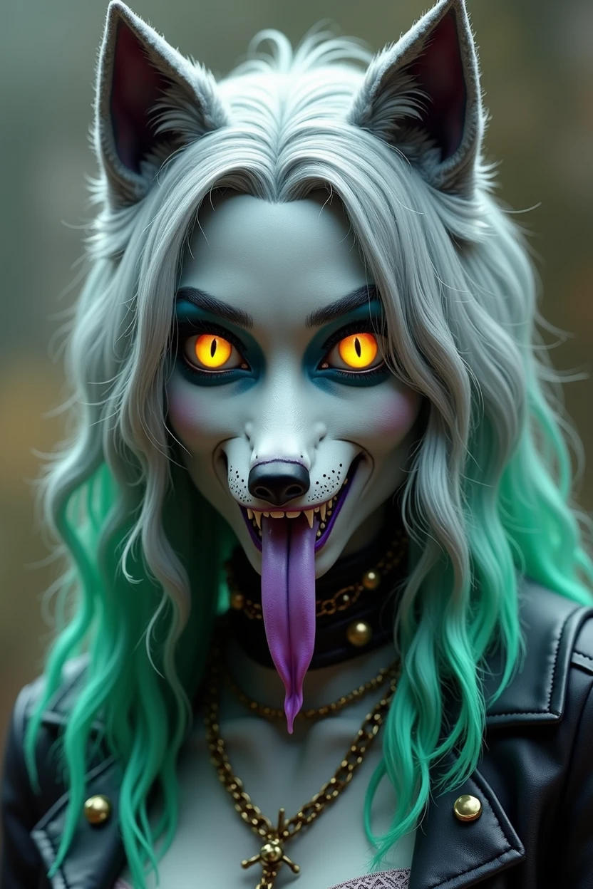 ro_xy, 1girl, animatronic wolf, gray skin, bright yellow eyes, purple lipstick, long and silver hair with green streak, piercing in the ears, tongue out, saliva on tongue, drool