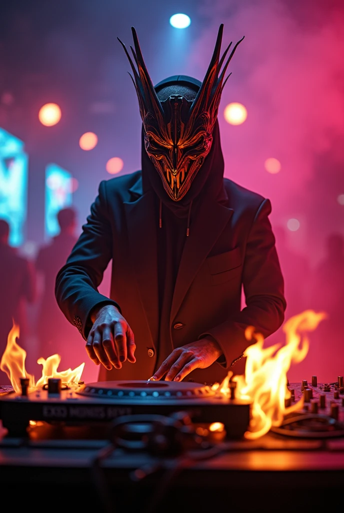 Dj with a mask mixing on a burning turntable