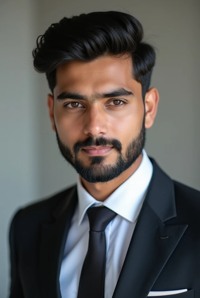 A young 20 years old Pakistani boy with well trimmed beard on face, wearing formal dress, photo for Instagram profile picture.