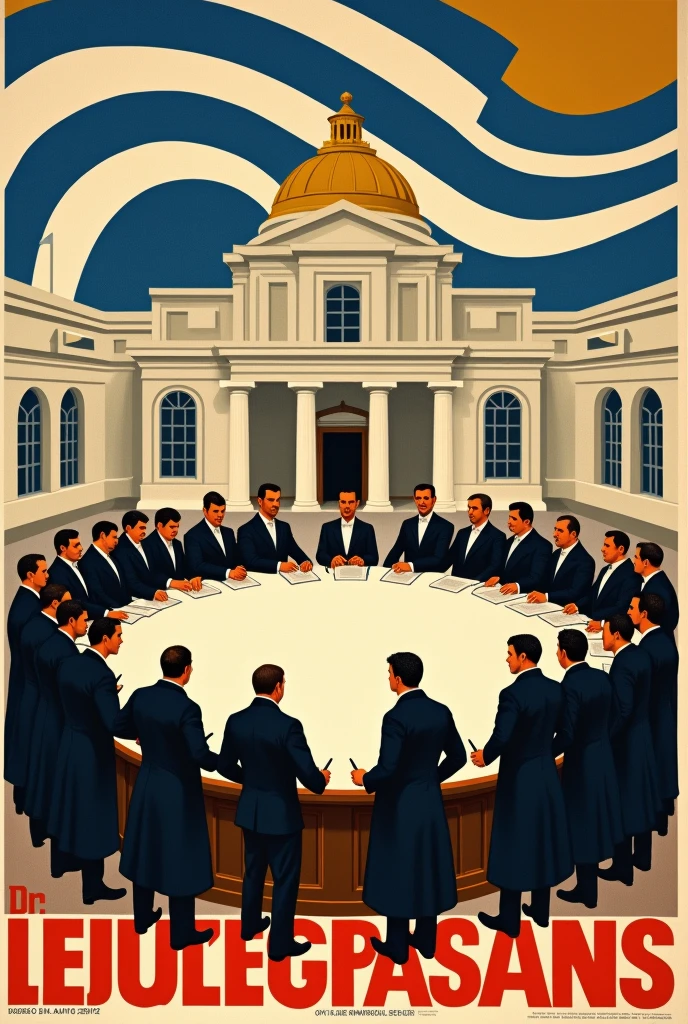 A 1916 political poster in favor of the collegiate system in Uruguay might include a background with the Uruguayan flag gently waving.. In the middle, A graphic representation of the legislative palace stands out with several figures dressed in period costumes, including José Batalle y Ordóñez.. People standing around a large round table, with documents and pens, reinforcing the idea of collective decision making.