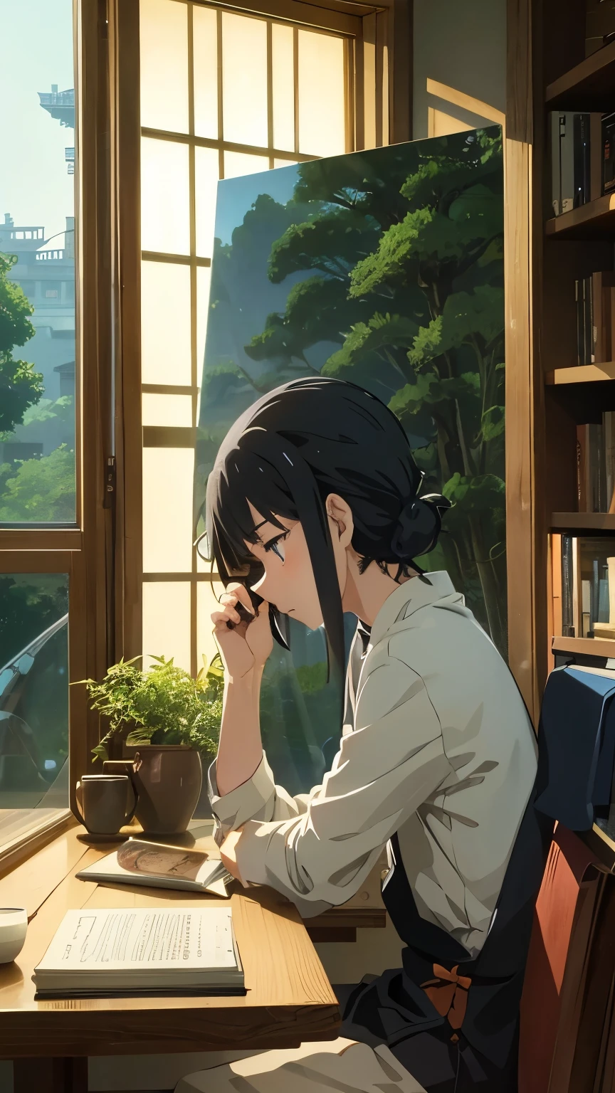 Ghibli style、、reading、profile、night、machine、Inside the room、Window、readingをする、Anime Style、Mug、machineの上に植物、The book opens sideways、Turn the whole body to the left、Sitting、Cheek resting on hand、Hand-drawn style,