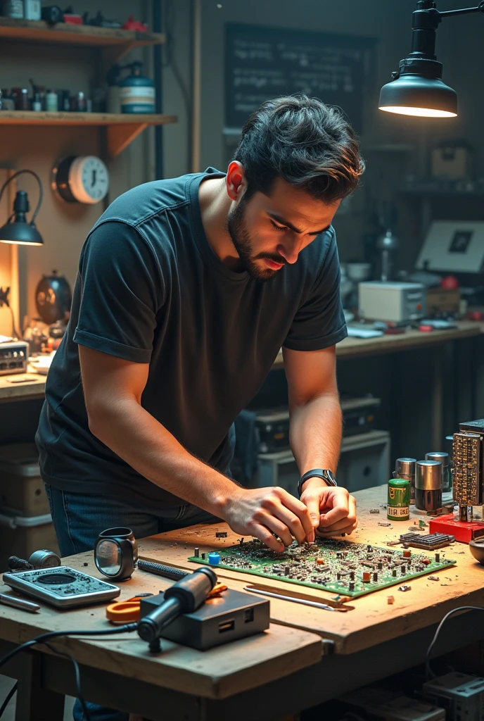 A guy is sitting and working on electronics such as repairing electronic scrubs
