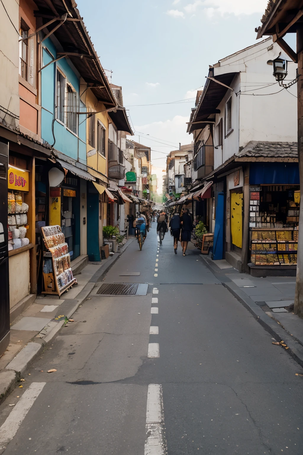 A narrow village street lined with numerous small shops on both sides. The road is bustling with activity, with people walking, browsing, and shopping. The shops vary from local groceries, food stalls, to small convenience stores. The atmosphere is lively, with colorful signs, street vendors, and a mix of traditional and modern architecture. The street is slightly uneven, with some areas paved and others with visible patches. There's a mix of motorbikes, bicycles, and pedestrians navigating through the area. The scene is set in a typical Southeast Asian village, capturing the vibrant local life.