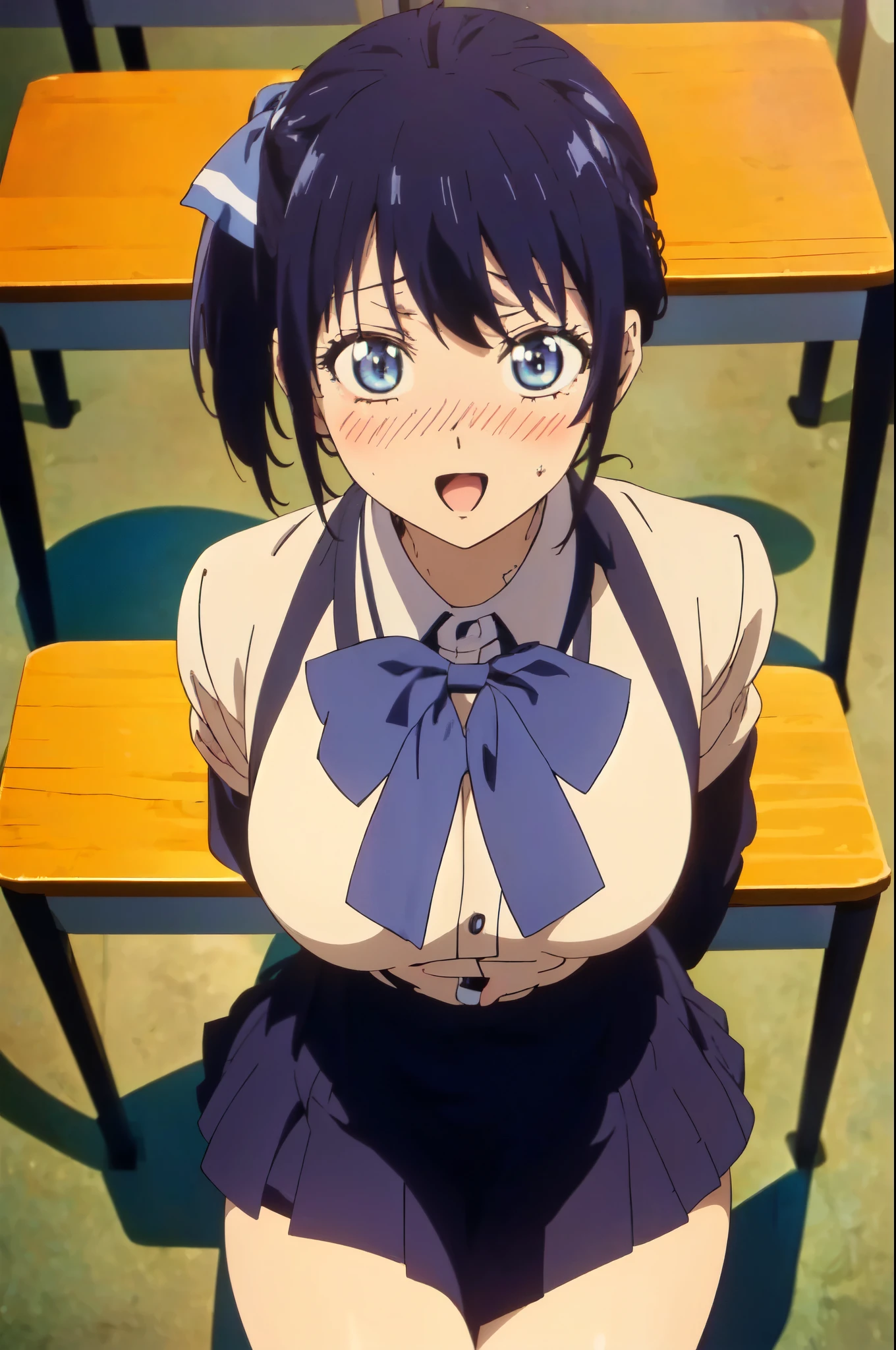 Anime girl with blue eyes sitting on a bench in front of a school desk ...