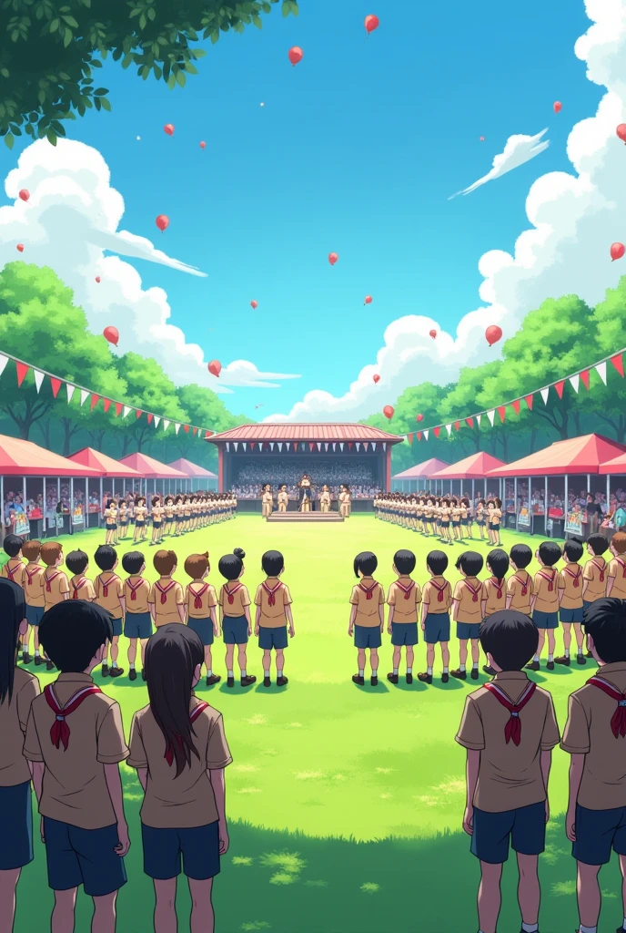 A scene from the Scout Day festival taking place in a school field., where scouts from various school levels gather to celebrate. Scouts wearing brown uniforms with red and white ties are seen standing in formation., ready to take part in creativity competitions such as cheerleading and marching competitions. On the other side of the field, There are stalls displaying handicrafts and traditional food made by scouts.. Several scouts were seen busy decorating their stands with small red and white flags and scout attributes.. There is also a small stage in the middle of the field., with the scout music group performing. Clear sky with some red and white balloons flying in the air, creating a festive atmosphere full of national pride.