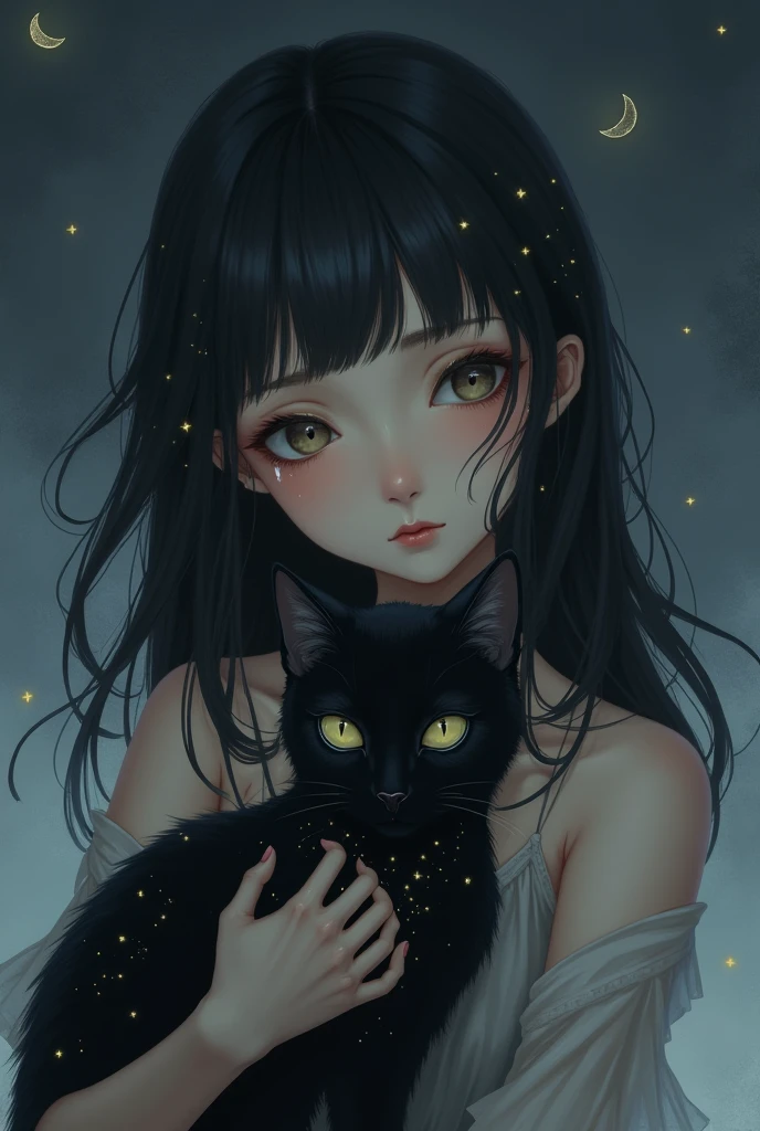Sad anime woman accompanied by a black cat with a star theme