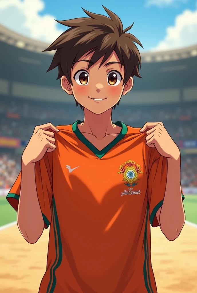 a  boy fair skin smiling face brown hair brown eyes wearing kabaddi jersey and holding kabaddi jersey in his hands 
anime 