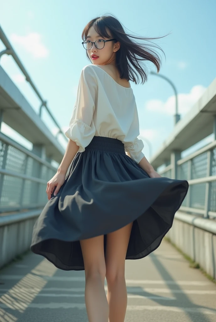 Realistic photo, high quality, pedestrian bridge steps, Japanese woman wearing glasses, gathered skirt, skirt blown up high by strong wind, small black panties exposed, back view, looking back over shoulder, low angle, buttocks emphasized, panties emphasized, surprised expression, whole body