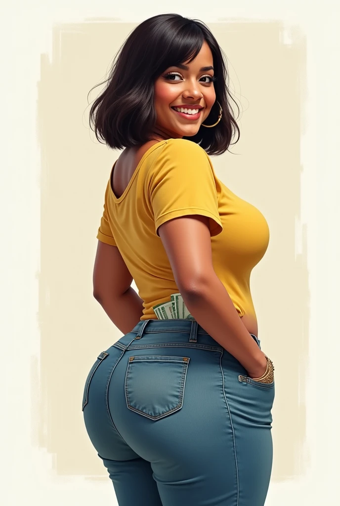 A drawing of a Brazilian woman smiling, with straight, short hair down to the shoulders, with his huge ass turned to the side and his pants pockets full of money sticking out