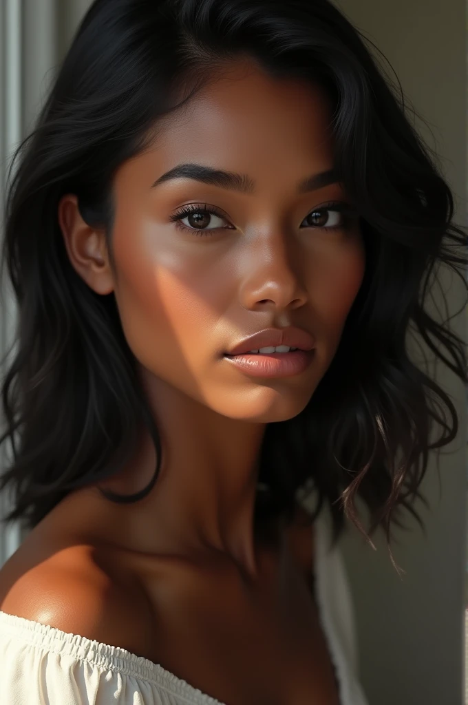 Woman with a sweet black face. Medium sized eyes. Shoulder length black hair.