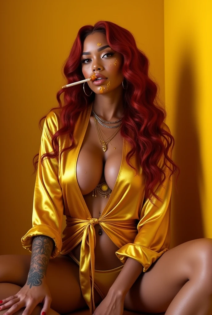 A thick Darkskin Cuban carnal Blasian Woman Red long wavy hair edges Lipgloss eyelashes nose ring tattoo nails freckles Wearing a Golden Robe, And In a yellow room, eating a honey stick, A d Honey all over her face