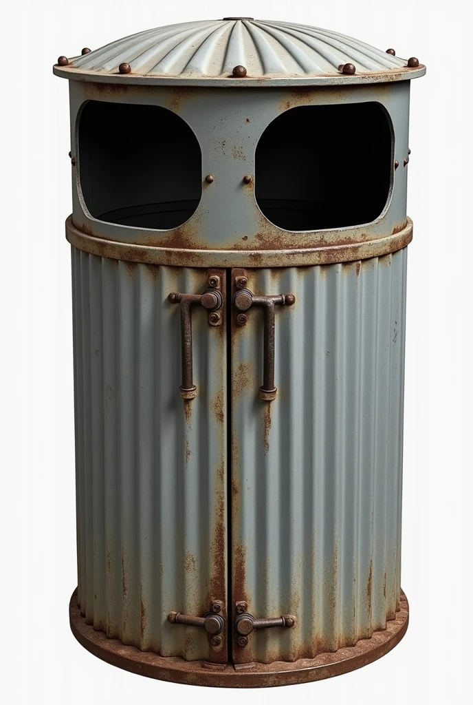 A 1 meter trash can with two doors at the front and a door at the top covered in corrugated sheet metal