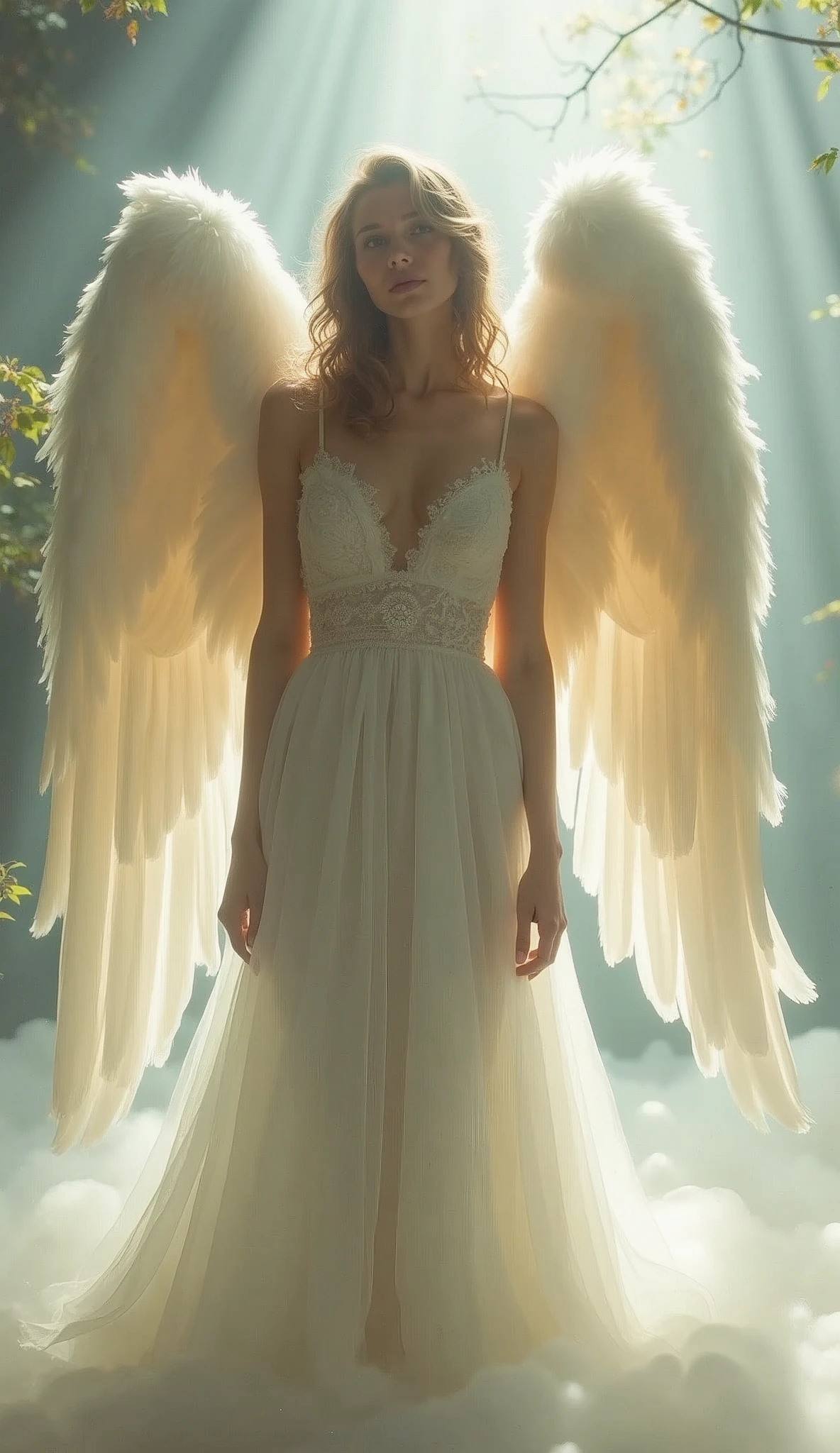 Beautiful angel、Big angel wings、heaven、Sheer white dress、Sheer nipples and pubic hair