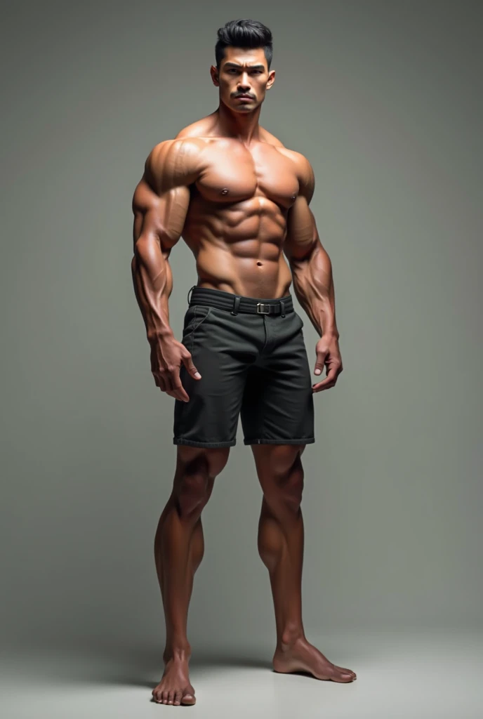 Young man, whole body, upper body very muscular, lower body very skinny, skinny legs, wearing short , tall, handsome, Asian guy , very dominant, serious face looking, dominant male