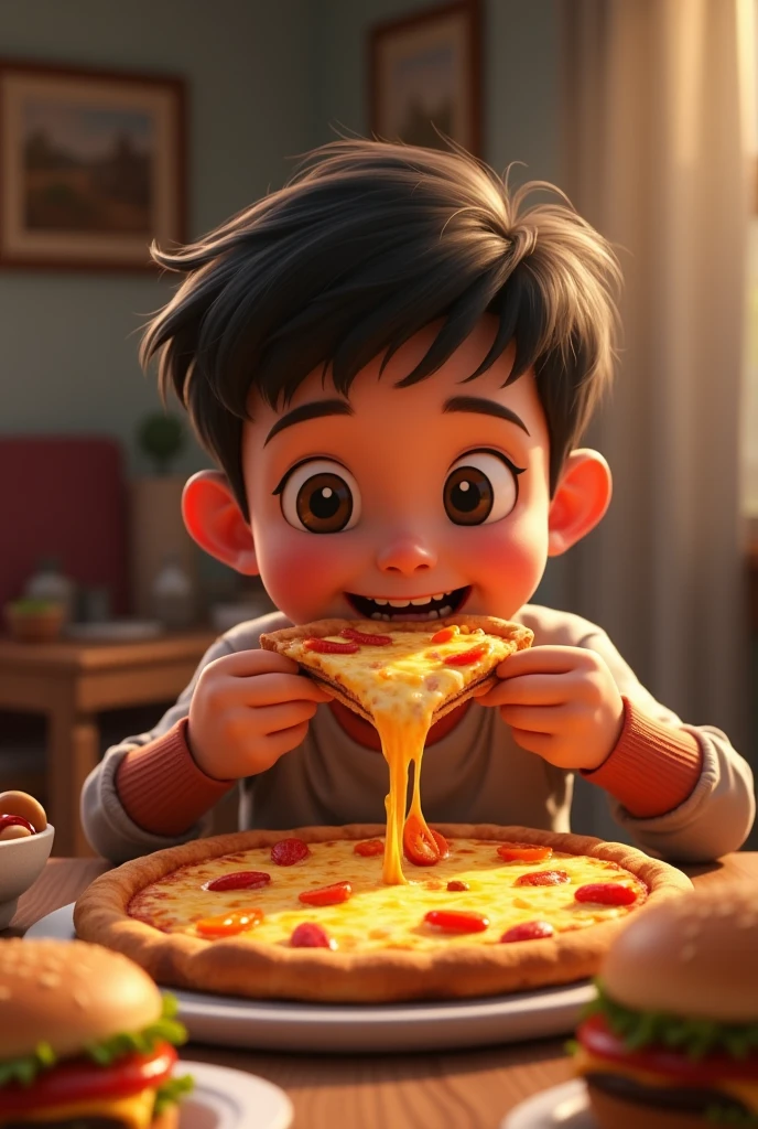 Boy with Paneer pizza 🍕 or cheesey burger 🍔