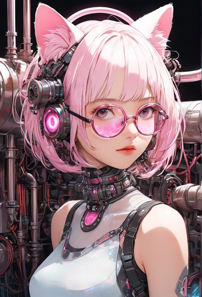 intricate illustration in imaginative and cyberpunk surrealist art style, bust of a translucent White short hair and black cat ears ether machine girl from a transparent large culture tank, She wears beautiful, angular pink glasses, and has fluffy white fur growing from behind her cat ears.pink and white mechanical body, pink tubes resembling blood vessels connected to neck and back, clear pink culture solution in the tank up to shoulders, tube connected to an external machine, girl with eyes closed looking down, high quality, high precision, 4k, 8k, ultra detailed