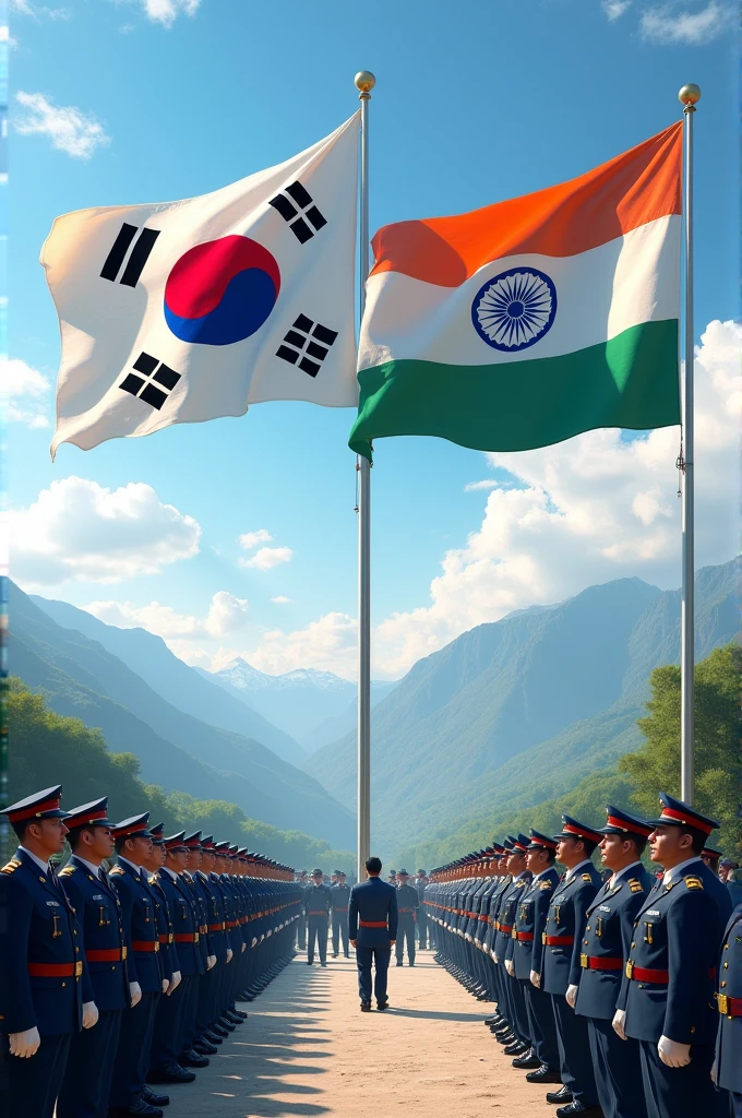 I want a beautiful background with the flag of South Korea and the army of South Korea and along with it the flag of India and the army of India