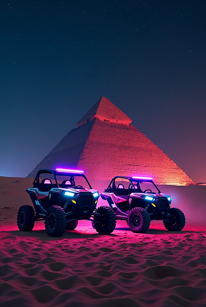 Two RZRs in Egypt in front of the Giza pyramid at night and all with neon lights and stars in the sky 