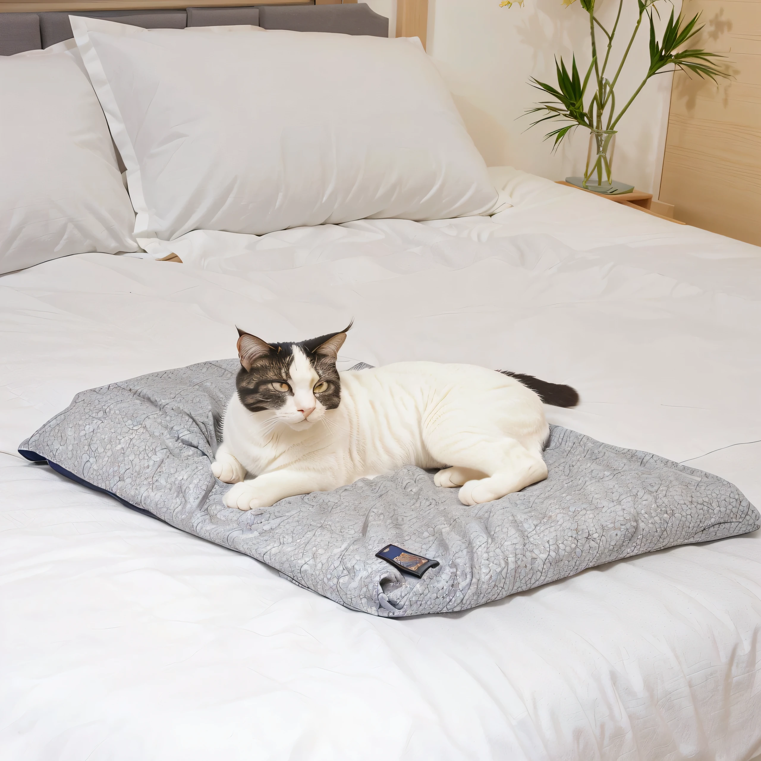 A cat lying in bed with a gray mat,Natural light and shadow,Hyper-realistic scenes,Japanese decoration style, Designed for comfort and aesthetics!, A large and comfortable bed, detailed picture, Soft and warm, A comfortable bed, A white cat lies in the bedroom, Lie on the mat, The bed is not made, The bed is not made yet, lazy, Panoramic view, Shrine maiden, detailed picture, Cat sleeping, Lying in bed, cute