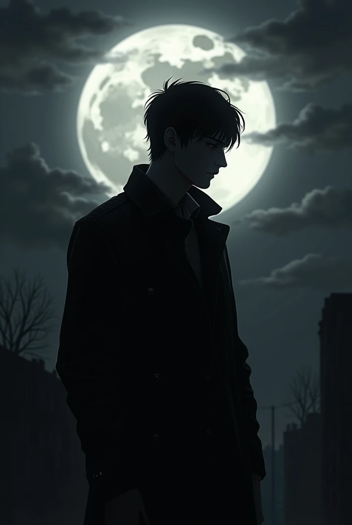 35 year old man with black hair and black jacket,to the light of the Moon, Black silhouettes with an attitude of wanting to cry and lose their sanity.